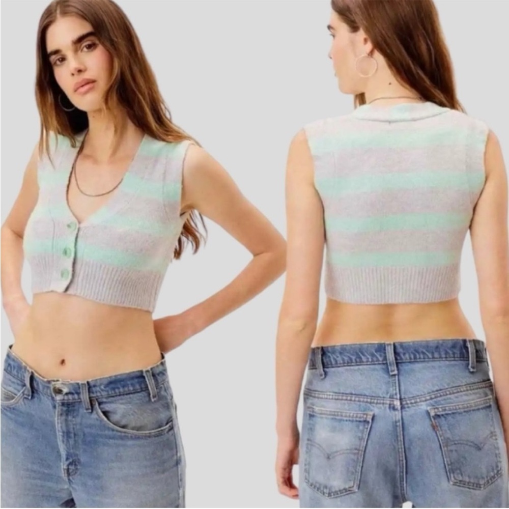 NWT For Love & Lemons Maud Cropped Sweater Vest Retro 70s Stripe Knit Green Gray